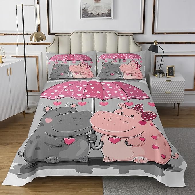 Erosebridal Hippopotamus Bedding Set Cartoon Animal Bedspread for Kids Child Teens,Pink Umbrella Coverlet Set Cute Wildlife Quilt Set Love Heart Bedroom Decor King Size Gray