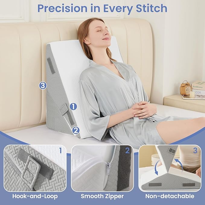 Sasttie Wedge Pillow for After Surgery, Adjustable Bed Wedge Pillow Headboard for Acid Reflux, Sleeping, Neck & Back Support, with Removable Cover, Light Grey & White
