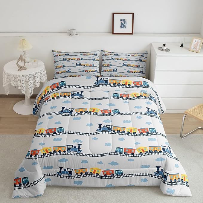 Erosebridal Train Bedding Sets Navy Locomotive Train Comforter Set Queen,Cartoon Steam Engine Down Comforter for Kids Toddler Cute Clouds Transportation Cars Duvet Insert with 2 Pillowcases