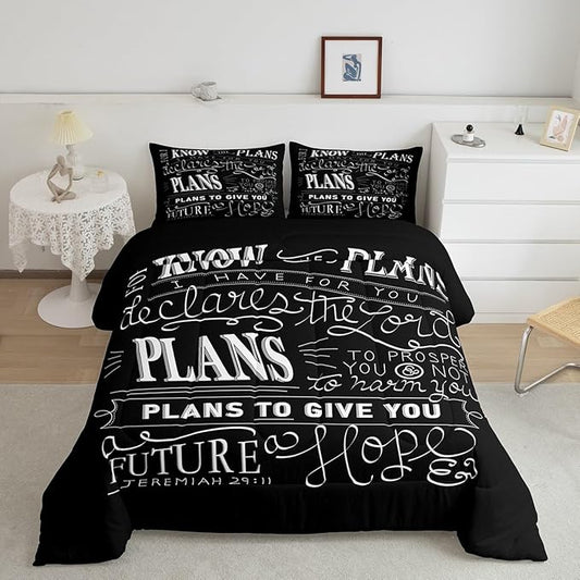Feelyou Kids Vintage Bible Verse Comforter Set Christian Bible Verse Jeremiah Comforter Set for Boys Children Teens Bedroom Decor Modern Comforter Black Duvet Set King Size with 2 Pillow Case
