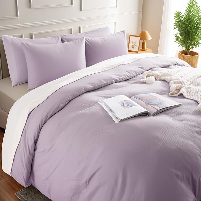 NEXHOME PRO Duvet Cover Set Queen Size Linen Feel Textured Organic Natural 100% Washed Cotton Duvet Cover Purple Lavender Lilac 3 Pieces Bedding Set Zipper Closure, Breathable, Soft (No Comforter)