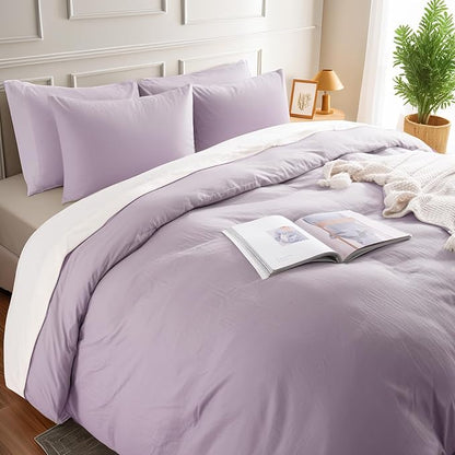 NEXHOME PRO Duvet Cover Set 100% Washed Cotton Oversized King 120"x98" Linen Feel Textured Organic Natural 3 Pieces Bedding Set Lavender Lilac Purple with Zipper Closure, Breathable(No Comforter)