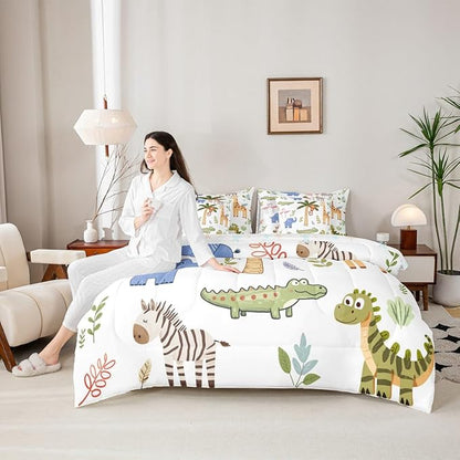 Feelyou Kids Zoo Animals 7 Piece Bedding Set Cute Giraffe Monkey Elephant Comforter Set with Sheets for Kids Boys Girls Plants Printed Bed in a Bag Animal Theme Bed Set Soft Lightweight