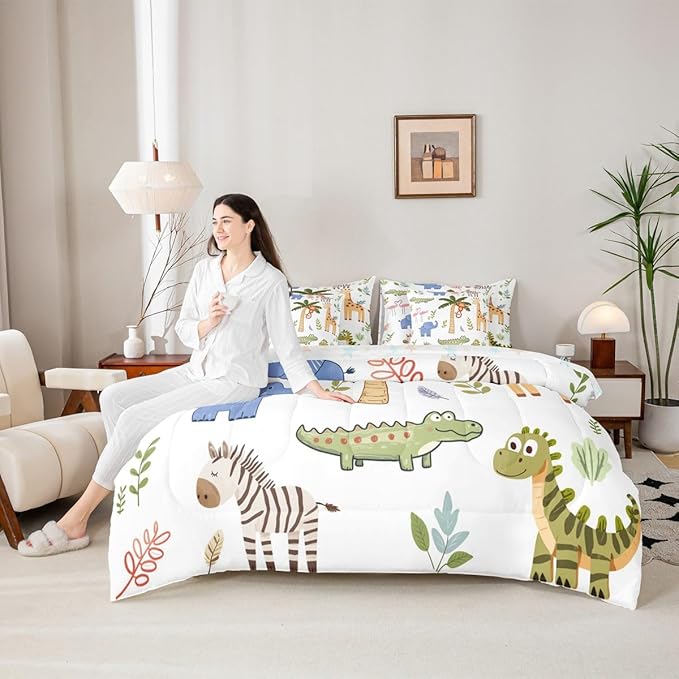 Feelyou Kids Zoo Animals 7 Piece Bedding Set Cute Giraffe Monkey Elephant Comforter Set with Sheets for Kids Boys Girls Plants Printed Bed in a Bag Animal Theme Bed Set Soft Lightweight