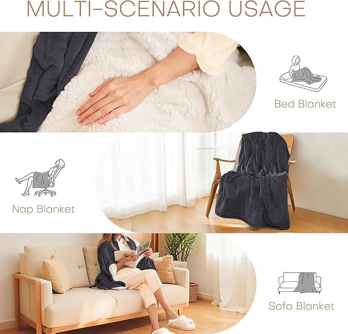 Electric Heated Blanket 72"x84" Full Size - Flannel & Sherpa Fabric Dual-Sided, 6 Heat Settings & 1-10 Hours Auto Off, Soft & Cozy Warming Throw for Home, Office, or Bed, Machine Washable, Iron Gray