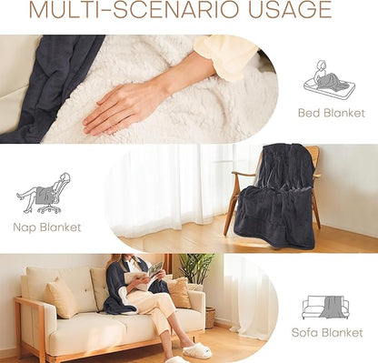 Electric Heated Blanket 72"x84" Full Size - Flannel & Sherpa Fabric Dual-Sided, 6 Heat Settings & 1-10 Hours Auto Off, Soft & Cozy Warming Throw for Home, Office, or Bed, Machine Washable, Iron Gray