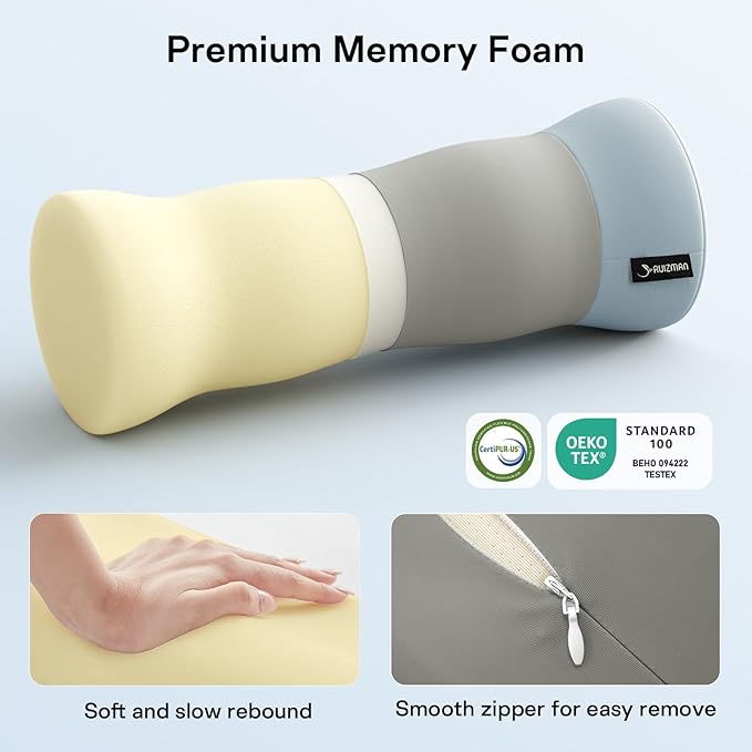 Cervical Neck Roll Pillow - Memory Foam Cylinder Bolster Pillows for Neck Support - Ergonomic Design Round Neck Pillow with Cooling Cover for Leg, Back, Yoga (Grey Blue)
