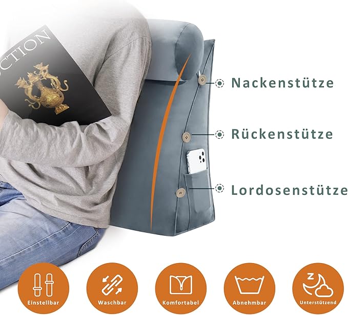 Adjustable Triangle Wedge Reading Pillow Neck Back Support Throw Pillow with Bolster for Sitting Up in Bed Daybed or on Sofa Reading Couch with Removable Velvet Cover 24x8x20 Inch Gray