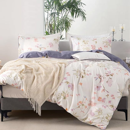 Floral King Duvet Covers 100% Soft Cotton 3 Pieces Flower Bedding Set for Girls Women Chic Garden Style Luxury Purple Floral Pattern Printed King Floral Duvet Cover with Zipper Closure