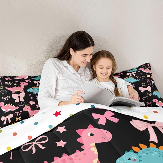 Cute Dino Kids Comforter Set Twin Size,Kawaii Bowknot Heart Princess Style Reversible Bedding Set for Teens Bedroom,Pink Black Dinosaur Cartoon Animal Quilted Duvet with 1 Pillowcase