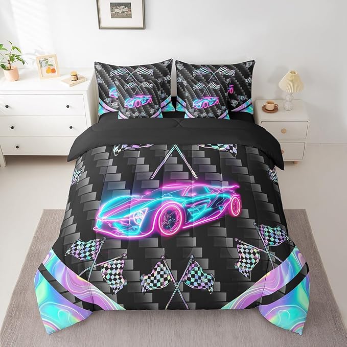 Feelyou Glitter Race Car 7 Piece Bedding Set King Size Extreme Sports Comforter Set with Sheets for Kids Teens Adult Fast and Furious Bed in a Bag Dazzling Flag Bed Set
