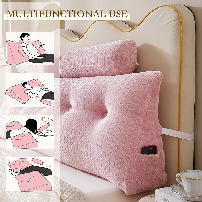 YOUR MOON Wedge Headboard Pillow Full with 2 Pack Neck Roll Pillows, Triangular Wedge Backrest Pillow Headboard for Bed,Daybed,and Lounging, Large Bed Bolster Pillows,Pink