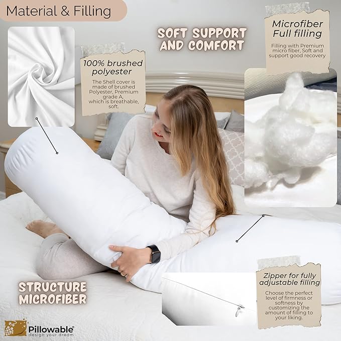 King Size Extra Long Round Body Pillow - 54x12 Bolster Pillow for Bed Extra Soft Body Pillow with Removable Pillowcase, Maternity Pillow - White