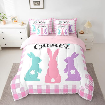 Feelyou Cute Easter Rabbit 7 Piece Bedding Set King Size Pink Plaid Comforter Set with Sheets for Kids Bunny Print Bed in a Bag Spring Colorful Bed Set