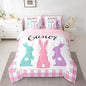 Feelyou Cute Easter Rabbit 7 Piece Bedding Set King Size Pink Plaid Comforter Set with Sheets for Kids Bunny Print Bed in a Bag Spring Colorful Bed Set