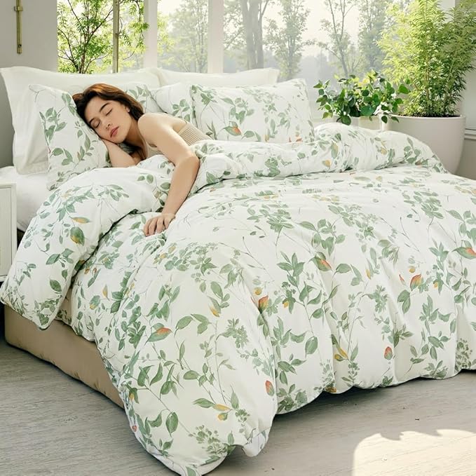 Floral Duvet Cover King Size 100% Cotton Reversible Green Floral Duvet Cover Set with Zipper Closure 3 Pcs Green Leaf Soft & Breathable Bedding Comforter Cover