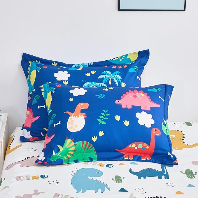 Wajade 7 Piece Kid Boys Dinosaur Comforter Set Twin Size 3D Blue Dinosaur Wild Park Jungle Print Bedding Set with Comforter, Sheet Set, Pillowcase and Sham