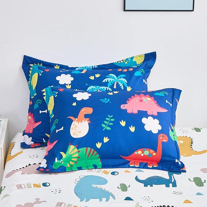 Wajade 7 Piece Kid Boys Dinosaur Comforter Set Twin Size 3D Blue Dinosaur Wild Park Jungle Print Bedding Set with Comforter, Sheet Set, Pillowcase and Sham