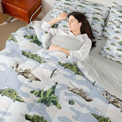 Feelyou Army Military 7 Piece Bedding Set Camouflage Print Comforter Set with Sheets for Kids Boys Girls Tank Aircraft Bed in a Bag Army Green Bed Set Soft Lightweight