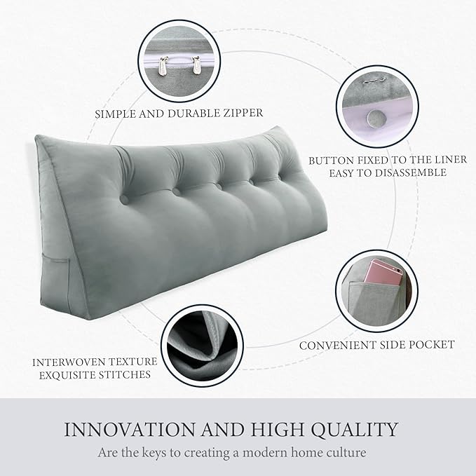Headboard Pillow - 3 in 1 Large Bed Pillow as Wedge Reading Pillow, Large Couch Daybed Pillow or Positioning Support Backrest Back Cushion for Sitting in Bed Velvet Full Gray
