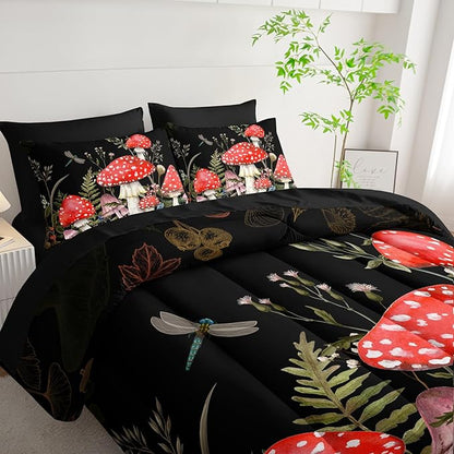 Red Mushroom Kawaii Comforter Set 7Pcs Kids Mushroom Dragonfly Bedding Set for Boy Girl Adult Botanical Plant Theme Printed Quilt Bed Set Twin with 2 Sheets,2 Pillowcases,2 Throw Pillow Covers
