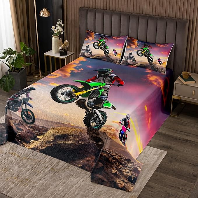 Motorbike Bedspread Quilt Set Queen Size, Boys Motocross Rider Coverlet, Teens Racing Motorcycle Dirt Bike Bedspread Kids Child, Vehicles Extreme Sport Quilted, Kids Car Theme Room Decor
