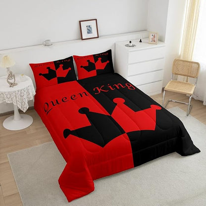 Feelyou Crown Queen King Comforter Soft Quilt,His Hers Matching Couple Bedding Set for Girls Boys Teens, Romantic Valentine's Day Black Red Comforter Set Collection 3Pcs Full Size Boys
