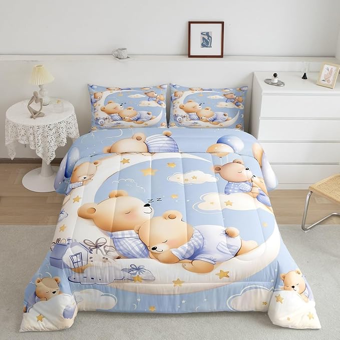 Sleeping Animal Bear Comforter Set Queen Size for Kids Cartoon Childlike Style Bedding Sets All Season Star Moon Clouds Quilt Set Bedroom Decor Watercolor Balloons Down Comforter,3Pcs