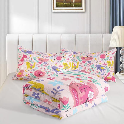 QOOMO Floral Cat Comforter Twin Size,Pink Cat Bedding Set for Kids Teens Girls,3Pcs Bedding Set Printed Comforter with 2 Pillowcases,Down Alternative,Soft and Lightweight(Pink，Twin Size)