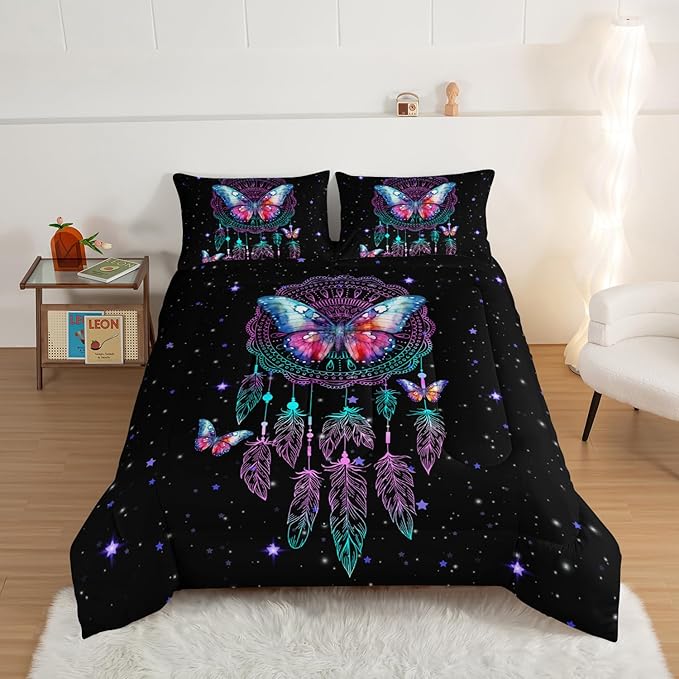 HOSIMA Dream Catcher Tween Bedding Sets for Girls,Butterfly Feather Dream Stories Comforter Set Kidcore Room Decor Aesthetic Galaxy Starry Black Comforter Full Size with 2 Pillowcases.