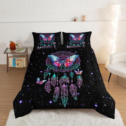 HOSIMA Dream Catcher Tween Bedding Sets for Girls,Butterfly Feather Dream Stories Comforter Set Kidcore Room Decor Aesthetic Galaxy Starry Black Boho Comforter Set King Size with 2 Pillowcases.