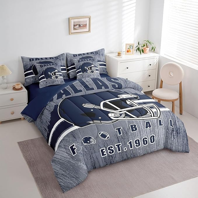 Erosebridal Cowboys Football Bed in A Bag Boys Girls Bedding Set Gridiron Gifts for City Fans Women Men Comforter Sets with Sheets Rugby Sports 7 Pieces Bed Set Full