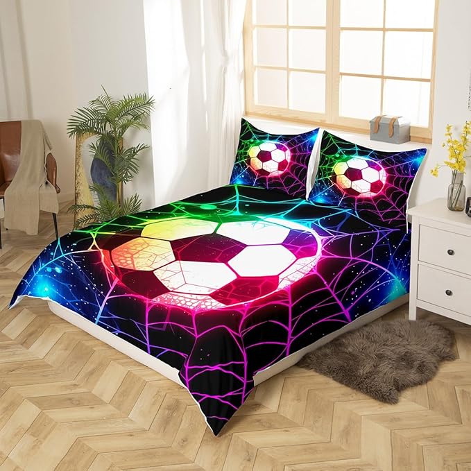 Castle Fairy Watercolor Football Bedding Set King Size,Neon Light Web Duvet Cover,Twinkling Dots Galaxy 3 Pieces Decorative Bedding,Ball Gaming Comforter Cover for Boys Men Bedroom