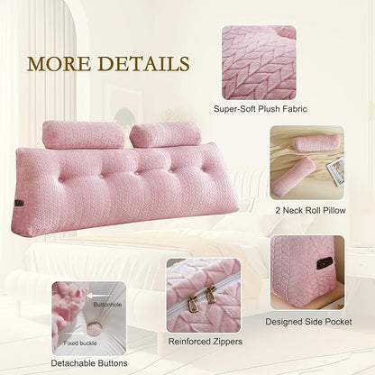 YOUR MOON Wedge Headboard Pillow Queen with 2 Pack Neck Roll Pillow, Triangular Wedge Backrest Pillows Headboard for Bed,Daybed,and Lounging, Large Bed Bolster Pillows,Pink