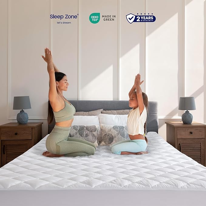 SLEEP ZONE Cooling Mattress Pad King Non Slip, Breathable Bed Cover with Down Alternative Filling Mattress Protector, Easy Washable (White, King, 78x80)