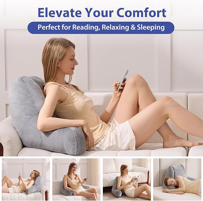 Reading Pillows for Sitting in Bed Adult, Back Pillow for Bed Sitting Up, Backrest Pillows with Shredded Foam for Adult&Teens, Support Pillow with Arms for Beds, Couch, Floor, 24in, Grey