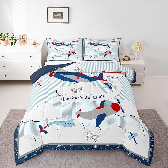 Erosebridal Helicopter Comforter Baby Nursery Toddler Bedding Set for Boys Airplane Queen Bed Comforter Set, Cartoon Aircraft Blue Plane Sketch Lines Duvet Set with 2 Pillowcases