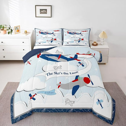 Erosebridal Helicopter Comforter Baby Nursery Toddler Bedding Set for Boys Airplane Full Bed Comforter Set, Cartoon Aircraft Blue Plane Sketch Lines Duvet Set with 2 Pillowcases