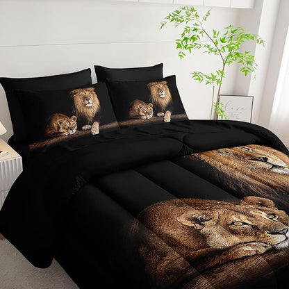 Lion Comforter Set 7 Piece Queen Size Bed in A Bag,Animal Bedding for Room Decor,Lion Comforter Tropical African Animal 3D Print Bedding with Fitted Sheet,Flat Sheet, Pillowcases & Shams
