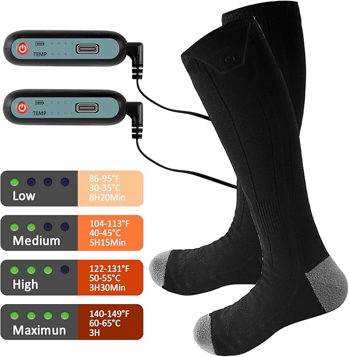 Rechargeable Heated Socks for Men & Women, 4 Heating Levels Electric Warming Socks with Battery, Breathable Feet Warmers for Skiing Hunting Cycling Winter Outdoor Activities, Black