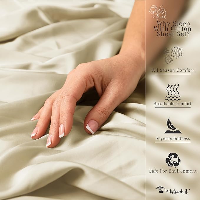 URBANHUT 1000 Thread Count Damask Striped Twin Size Egyptian Cotton Sheets, Long Staple Soft & Breathable, 4 Pc Bed Sheet Sets, Luxury Hotel Sateen Sheets Fits 16" Deep Pocket - Sand