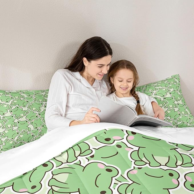 Cute Frog Comforter Set Queen,Cartoon Animals Bedding Set 3pcs for Kids Teens Boys Girls Room Decor,Summer Natural Quilt Set Green Watercolor Duvet Insert with 2 Pillowcases