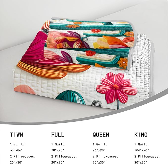AILONEN Cactus Quilt King Size Bedding Set & 2 Pillowcases,Colorful Floral Plants Bedspread Coverlet,3Pcs Desert Botanical Quilt Set for Boys Girls,All Season