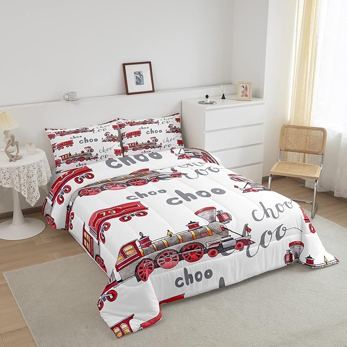 Feelyou Cartoon Car Bedding Set Kids Train Comforter Set Boys Girls Choo-Choo Rail Roads Tracks Decor Comforter Microfiber Train Construction Duvet Set Bedroom Quilt Set Queen Size