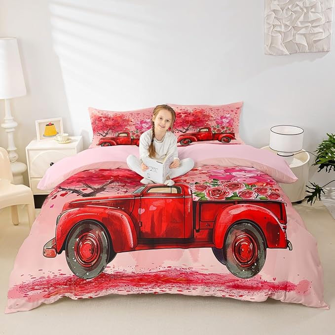 Valentine's Day Duvet Cover Set King Size,Red Truck Heart Tree Bedding Set for Kids Girls Women Couple Room Decor,Pink Rose Flowers Trailer Comforter Cover Romantic Gifts Quilt Cover 3pcs
