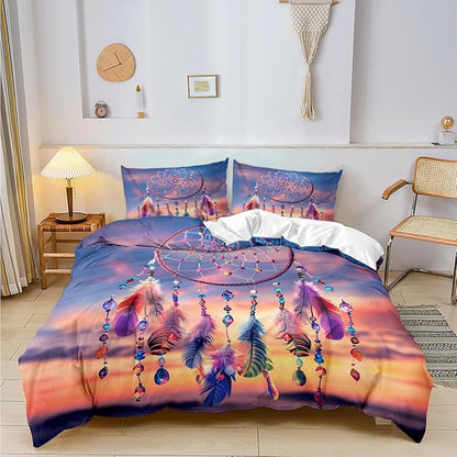 Full Size Duvet Cover Bedding Set for Summer Cooling Comforter Cover Soft Quilts Duvet Cases Bedroom Set Boho Dreamcatcher Sunrise/Sunset Native American Feathers Beads,Full