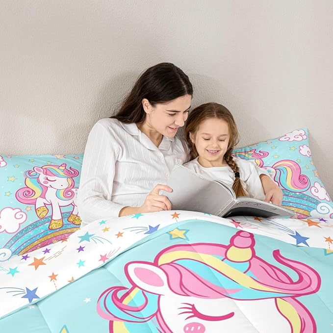 Feelyou Unicorn Bedding Full,Star Print Rainbow Kids Comforter Sets for Girls Comforter Set,Cute Unicorn Duvet Quilt,Cute Animal Bedding Rainbow Bedroom Decor,Blue