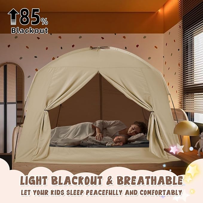 Bed Tents for Kids and Adult, Portable 100% Breathable and 85% Blackout Toddler Dream Play Tent, 3 Doors Privacy Space Sleeping Canopy for Indoor Floor or Twin Full Queen Sizes Bed (Khaki, Full-Size)