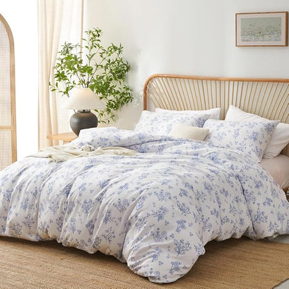 Blue Floral Duvet Cover Full Cornflower Blue Botanical Flower Bedding Set Reversible Garden Coquette Bedding Girls Soft Microfiber 3Pcs Zipper Closure（No Comforter）