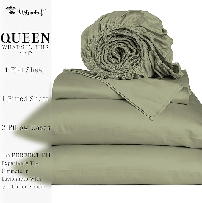 URBANHUT 1000 Thread Count Queen Size Egyptian Cotton Sheets, Long Staple Bedsheets, Soft & Breathable, 4 Pc Bed Sheet Sets, Luxury Hotel Sateen Sheets Fits 16" Deep Pocket - Sage